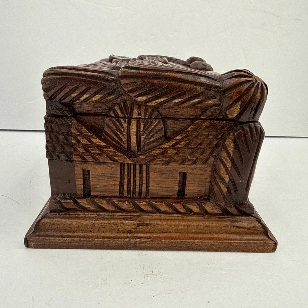 Vintage Hand Carved Folk Art Wooden Jewelry Trinket Box Red Velvet Lined